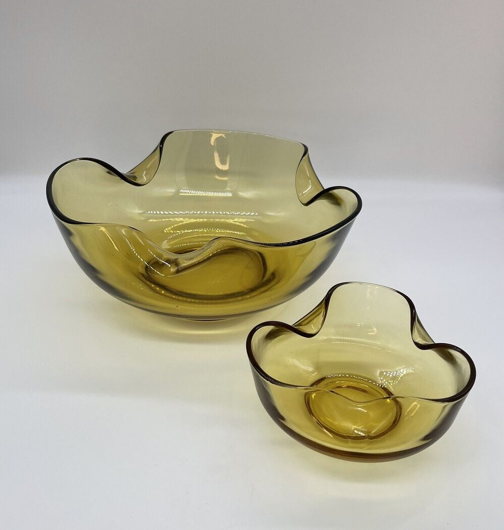 Vintage Amber Glass Folded Edge Chip & Dip Bowls MCM Midcentury Modern